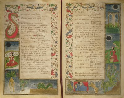 Verše a ilustrace na okrajích o tom, jak přivolat ďábla od Italian School