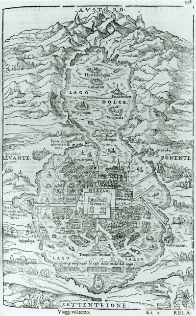 Pohled na aztécké město Tenochtitlan ze severu, z knihy Relatione della Citta del Temistitan od Giovanniho Battisty Ramusia (1485-1557) vydané v Benátkách roku 1606. od Italian School