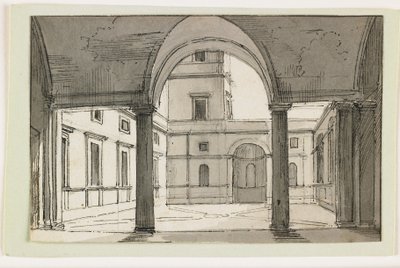 Pohled na italskou kolonádu a nádvoří, začátek 19. století (pero a hnědý inkoust a šedá barva na černé křídě) od Italian School