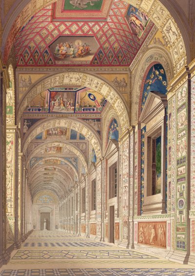 Pohled na lodžii ve Vatikánu ve druhém patře, s výzdobou od Raphaela, z Delle Loggie di Rafaele nel Vaticano, vydaná jako volný list ve vydání z roku 1814 (ručně kolorovaná rytina) od Italian School