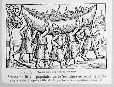 Vikingové nesoucí loď do Ruska, ilustrace z Historie severních národů od Olause Magnuse (1490-1558), vydaná v Římě, 1555 od Italian School