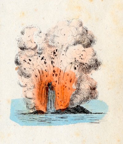 Erupce sopky Liparských ostrovů s vysokým proudem lávy doprovázeným explozí velkým množstvím plynu a popela, Litografie Corbetta, Milán od Italian School