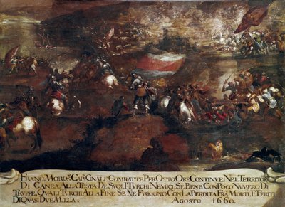 Válka o Candia (Kréta): „“ Bitva u Chanie vedená Francescem Morosinim (1619-1694) v srpnu 1660“ (Krétská válka (1645-69): útok na Caneu vedený Francescem Morosinim v srpnu 1660) Obraz Benátská škola od Italian School