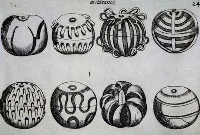 Způsoby nakrájení ovoce, ilustrace ze Tří pojednání bavorského Messera Mattia Gieghera z Mosburcu, drtiče nejslavnějšího německého národa v Padově, Itálie od Italian School