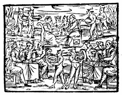 Čarodějnice a čarodějové hodující o sabatu, ilustrace z Compendium Maleficarum od Francesca Maria Guazza, 1608 od Italian School