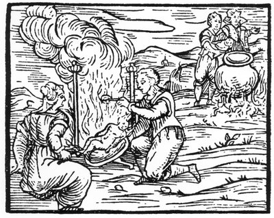 Čarodějnice pečou a vaří nemluvňata, kopie ilustrace z Compendium Maleficarum od Fr. M. Guaccius, Milán 1608, použitá v Historii magie, publikované koncem 19. století od Italian School