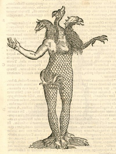 ilustrace tříhlavého monstra s hlavou lišky, draka a orla z Aldrovandis History of Monsters, 1642 od Italian School