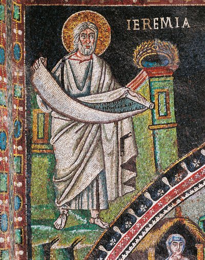 Prorok Jeremiáš, mozaika, vlevo od lunety, severní stěna presbytáře, bazilika San Vitale (Seznam světového dědictví UNESCO od Italian School