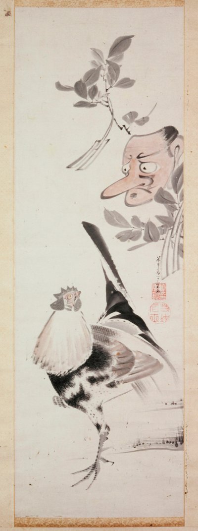 Cockerel and Tengu-Mask, c.1775 (inkoust a světlá barva na papíře) od Ito Jakuchu