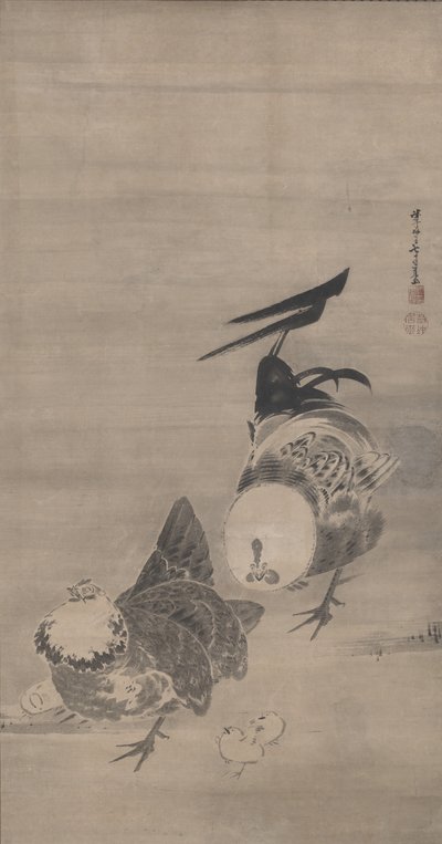Kohouti, slepice a kuřata, vpravo z páru, 1795 od Ito Jakuchu