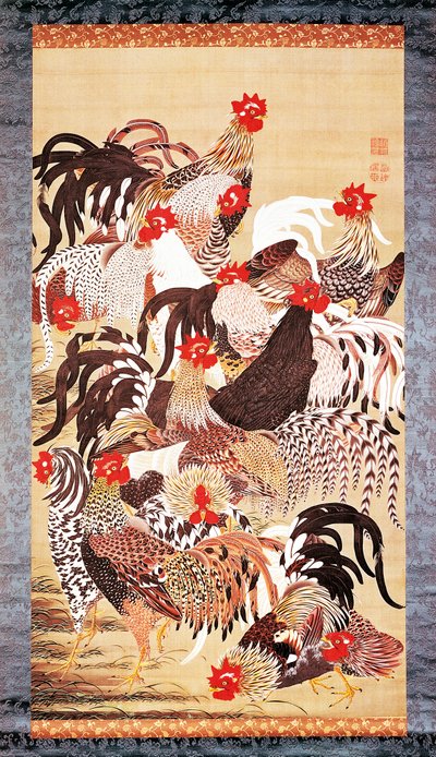 Třináct kohoutů, z knihy Doshoku Sai-e (Barevná říše živých bytostí), období Edo. cca 1757-66 (barva na hedvábí) od Ito Jakuchu