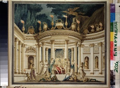 Triomphe des Muses. Projet du rideau pour le prologue musical od Alexandra Alyabyeva (1787-1851) a Alexise Verstsovského (1799-1863). (Triumf múz. Návrh opony pro hudební prolog A.Alyabyeva a A.Verstovského). Starožitný dekor s Apollonem, od Ivan Alekseevich Ivanov
