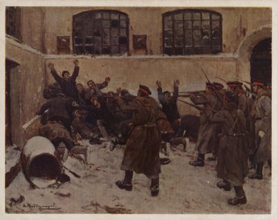 Ruští vojáci střílející demonstranty v okrese Presnya v Moskvě během revoluce v roce 1905 (barevné litho) od Ivan Alexeyevich (after) Vladimirov