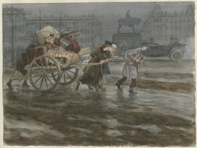 Rodina stěhující své věci na vozíku ze série akvarelů Ruská revoluce, 1917-1918 od Ivan Alexeyevich Vladimirov