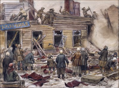 Dělníci bourající dřevěné domy na palivo Vladimirov, Ivan Alexejevič (1869-1947). Akvarel, kvaš na papíře od Ivan Alexeyevich Vladimirov