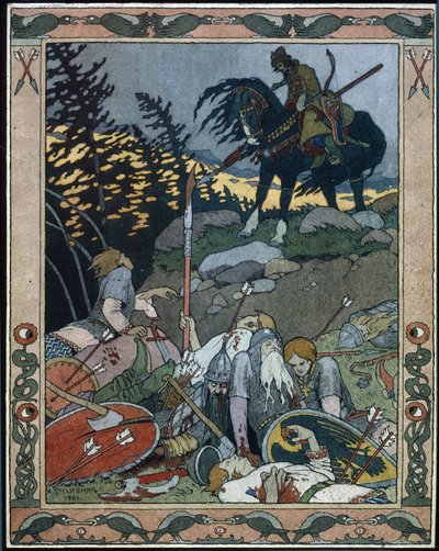 Ilustrace k pohádce Maria des mers (Ilustrace k pohádce Marya Morevna). Princ Ivan objeví armádu poraženou Marií Morevnou, královnou válečnic. Dílo Ivana Jakovleviče Bilibina (Bilibin) (1876-1942), akvarel a inkoust na papíře od Ivan Yakovlevich Bilibin