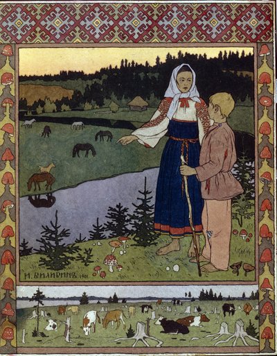 Ilustrace k tradiční pohádce Alyonouchka a Ivanouchka. Dílo Ivana Jakovleviče Bilibina (Bilibin) (1876-1942), litografie od Ivan Yakovlevich Bilibin