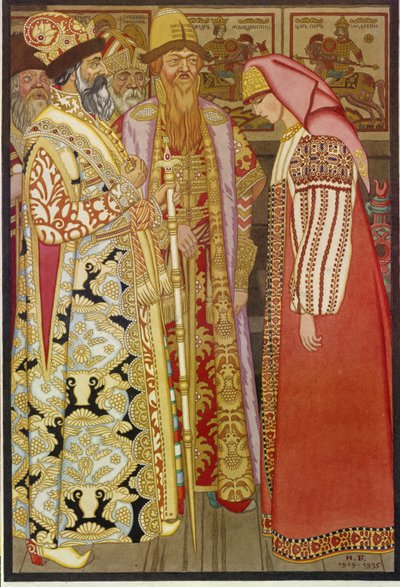 Lučištníkova žena před carem a jeho družinou, ilustrace ruské pohádky „Jděte, nevím kam, hlásíte nevím co““ (Lučištníkova žena před carem a jeho družinou) - obraz Ivana Jakoleviče Bilibina (Bilibin) (1876-1942) od Ivan Yakovlevich Bilibin