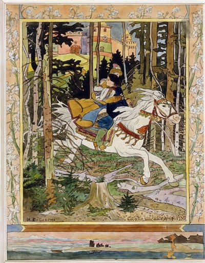 princ Ivan. (Ivan Carevič). Hrdinové ruských folklórních legend, jedoucí na bílém koni v lese, prchající z hradu a objímající Vassilissa La Tres Belle v náručí. Ilustrace Ivan Jakovlevič Bilibin (Bilibin) (1876-1942), akvarel od Ivan Yakovlevich Bilibin