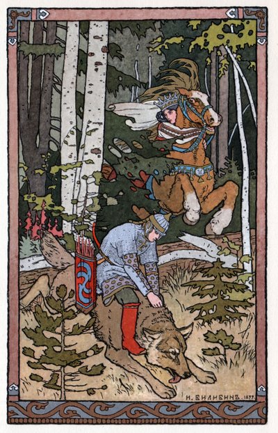 Carevič Ivan, ohnivý pták a šedý vlk, kolem roku 1899 (litografie) od Ivan Yakovlevich Bilibin