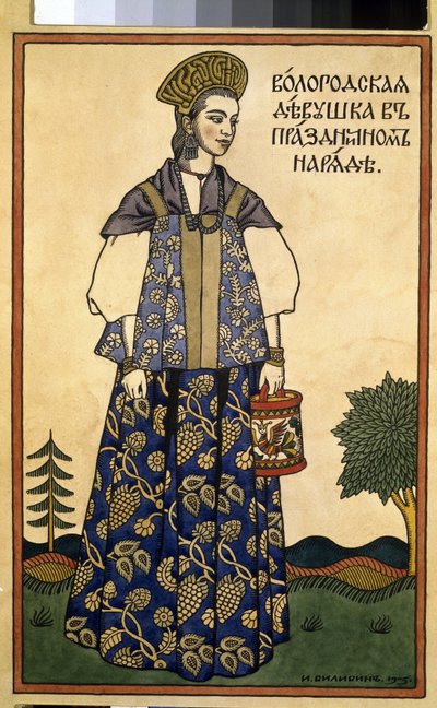 Mladá dáma z Vologdy ve slavnostních šatech. (Dívka z Volody ve svátečních šatech). Na sobě Kokochnik, vysoká pokrývka hlavy a sarafánové rovné šaty bez rukávů z oblasti severně od Moskvy. Dílo Ivana Jakovleviče Bilibina (Bilibina) (1876-1942), protože od Ivan Yakovlevich Bilibin