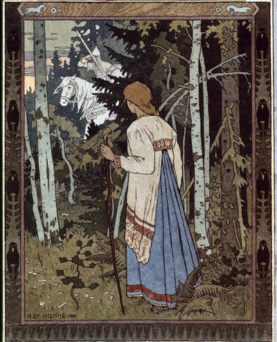 Vassilissa nejkrásnější a bílý jezdec. (Vasilisa Krásná a Bílý jezdec). (Tradiční ruská pohádka). Dílo Ivana Jakovleviče Bilibina (Bilibin) (1876-1942), litografie od Ivan Yakovlevich Bilibin