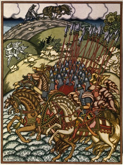 Volha Svjatoslavič (Vseslav de Polotsk (verze 1039-1101), velkokníže de Kyjev de 1068 a 1069) a Mikula Selyaninovich (?). Oeuvre de Ivan Yakovlevich Bilibin (Bilibine) (1876-1942), litografie od Ivan Yakovlevich Bilibin
