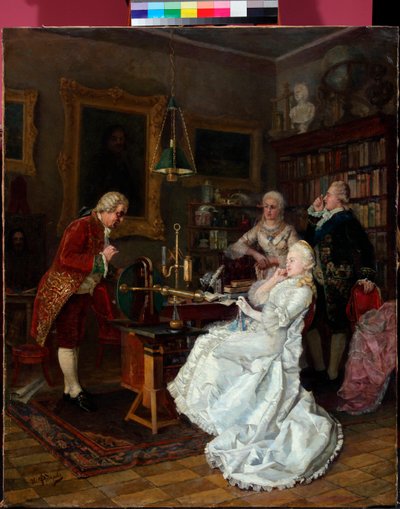 Ruská carevna Kateřina II (1729-1796) na návštěvě u Michaila Lomonosova (1711-1765) (Císařovna Kateřina na návštěvě u M. Lomonosova) Obraz Ivana Fiodorova (Feodorova) (1853-1894) od Ivan Feodorov
