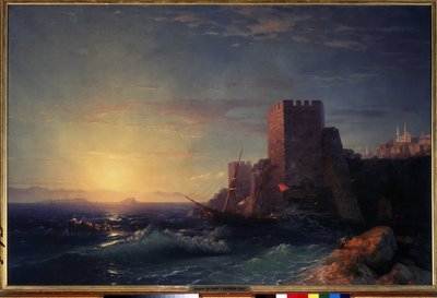 Věže na skalách u Bosporu (pohled z pevnosti Rumeli Hisari v Istanbulu) (Věže na skalách u Bosporu). Obraz Ivana Konstantinoviče Aivazoského (Ayvaovsky od Ivan Konstantinovich Aivazovsky