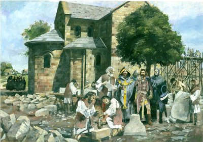 Svěcení opatského kostela arcibiskupem z Canterbury za přítomnosti Williama Rufuse, Battle Abbey (akvarel na papíře) od Ivan Lapper
