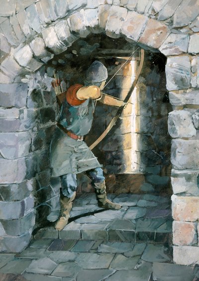 Středověký lukostřelec střílející skrz štěrbinu šípu na hrad Beeston, Cheshire od Ivan Lapper