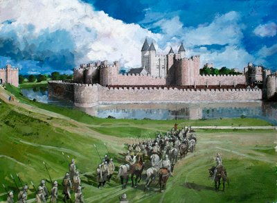 Rekonstruovaný pohled na londýnský Tower, který ukazuje dokončenou vnější opevňovací zeď krále Eduarda I. v roce 1300. od Ivan Lapper