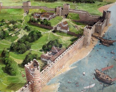 Rekonstruovaný pohled na jihovýchodní roh římského Londýna a budoucí místo londýnského Toweru, jak mohl vypadat kolem roku 400 n. l. od Ivan Lapper