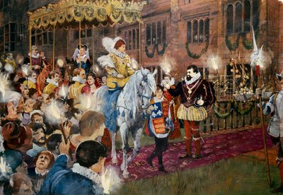 Robert Dudley vítá královnu Alžbětu I. na hradě Kenilworth, Warwickshire, červenec 1575 c2000 od Ivan Lapper