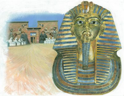 Zlatá maska mumie egyptského faraona Tutanchamona se staroegyptským chrámovým komplexem v pozadí. od Ivan Lapper