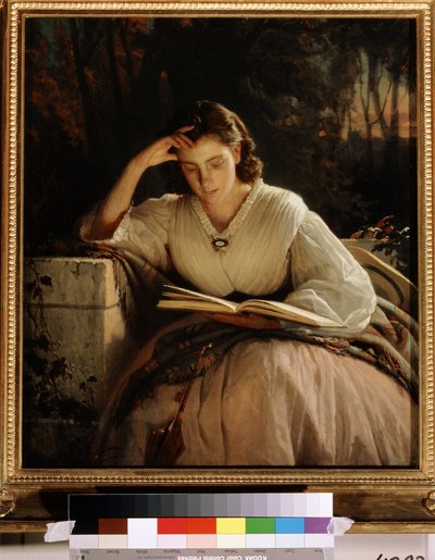 Čtení. Portrét umělcovy manželky pohroužené do čtení knihy. (Čtení. Portrét umělcovy manželky). Obraz Ivan Nikolajevič Kramskoj (1837-1887), olej na plátně od Ivan Nikolaevich Kramskoy