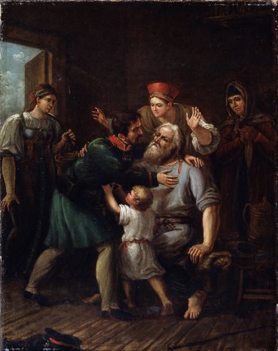 Návrat válečníka (Homecoming Warrior). Voják se vrací domů a vrhá se do náruče svého starého otce. Celá rodina vyjadřuje radost a úlevu, že ho vidí živého. Obraz Ivana Vasiljeviče Luchaninova (1781-1824), olej na t. j od Ivan Vasilyevich Luchaninov