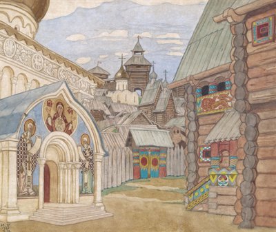 Ruská vesnice. Scénografie k opeře Příběh cara Saltana N. Rimského-Korsakova od Ivan Yakovlevich Bilibin