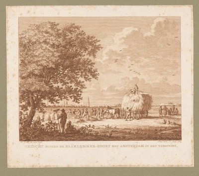Krajina s farmáři vyrábějícími seno s Amsterdamem na obzoru Pohled mimo Haarlemmer-Poort s Amsterdamem na obzoru (název na objektu) od Izaak Jansz. de Wit