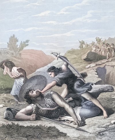 David a Goliáš (barevná rytina) od J.F.C. (after) Reckleben