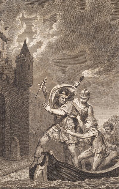 Ilustrace. Král se zdviženou dýkou a tři lidé ve člunu od J.F. Clemens
