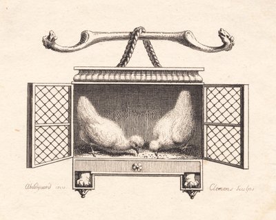 Viněta zobrazující dvě slepice sbírající obilí od J.F. Clemens
