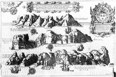 Ostrov Svaté Heleny, ilustrace z Linschoten Itinerario, 1596 od J.H. van Linschoten