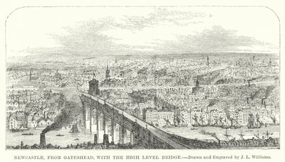 Newcastle, z Gateshead, s High Level Bridge (rytina) od J.L. (after) Williams
