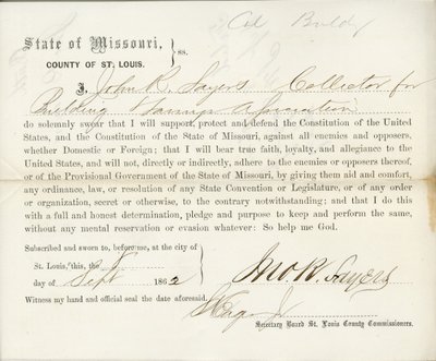 Věrnostní přísaha Johna R. Sayerse z Missouri, hrabství St. Louis od J.R. Sayers