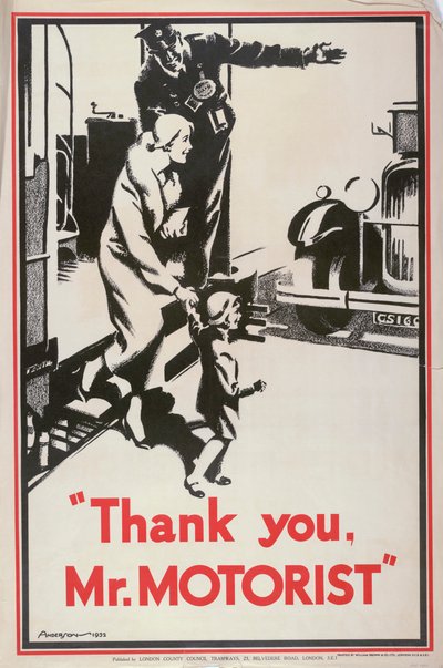 „Děkuji, pane motoriste“, plakát LCC Tramways London County Council, 1932 od JS Anderson