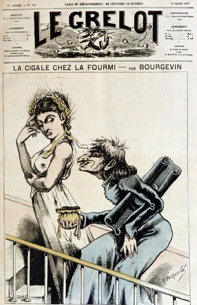Die Zikade bei der Ameise - Antiklerikale Karikatur eines Jesuiten, der einer unmoralischen Frau, die eine Krone aus Weizenähren trägt, eine offene Geldbörse reicht und eine verächtliche Miene macht - Illustration von A. Bourgevin (oder J. Blasset oder Alb von J.  Blass