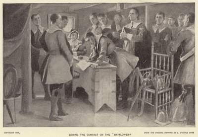 Podepsání paktu na "Mayflower" (litho) od J. (after) Steeple Davis