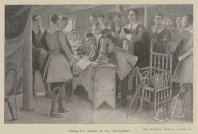 Podepisování kompaktu na "Mayflower" (litho) od J. (after) Steeple Davis