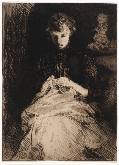 Sedící žena šije od J. Alden Weir